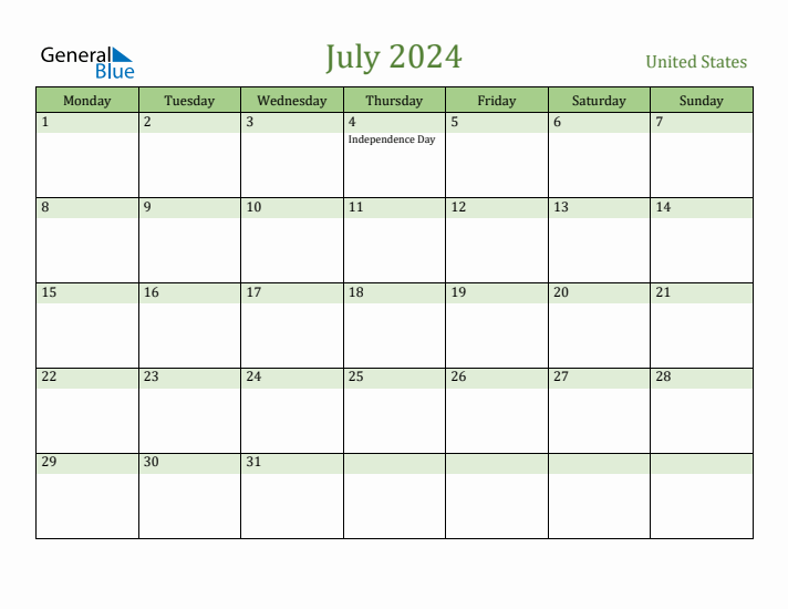 July 2024 Calendar with United States Holidays