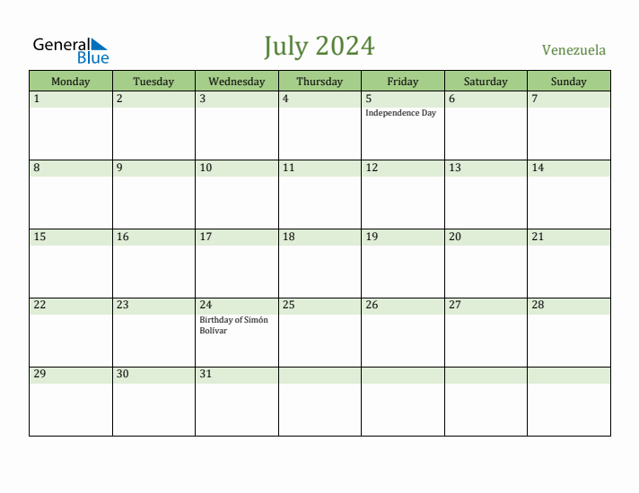July 2024 Calendar with Venezuela Holidays
