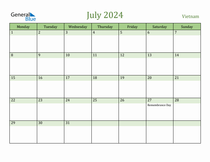 July 2024 Calendar with Vietnam Holidays