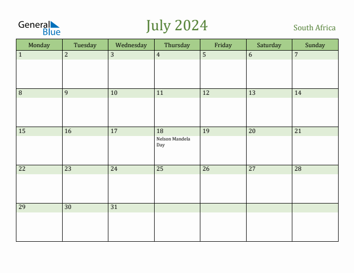 July 2024 Calendar with South Africa Holidays
