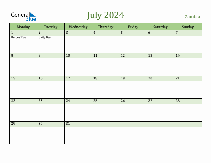 July 2024 Calendar with Zambia Holidays