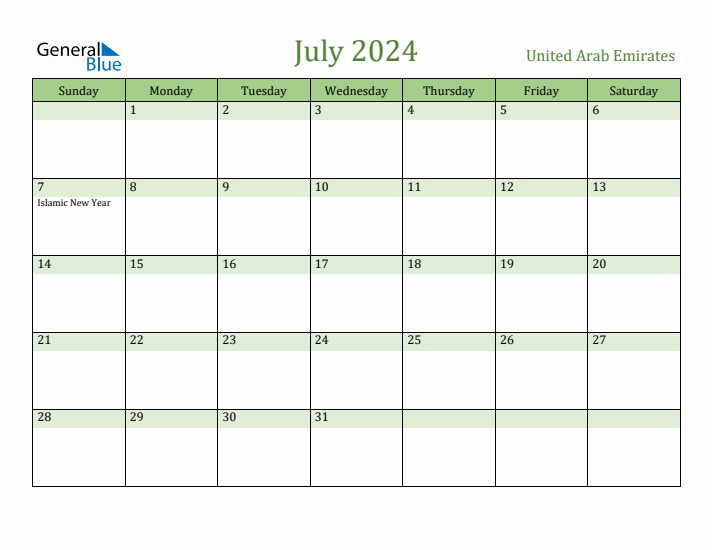 July 2024 Calendar with United Arab Emirates Holidays