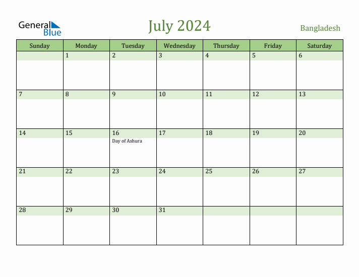July 2024 Monthly Calendar with Bangladesh Holidays