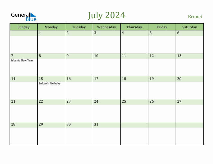 July 2024 Calendar with Brunei Holidays