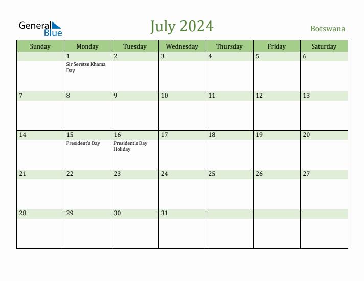 July 2024 Calendar with Botswana Holidays