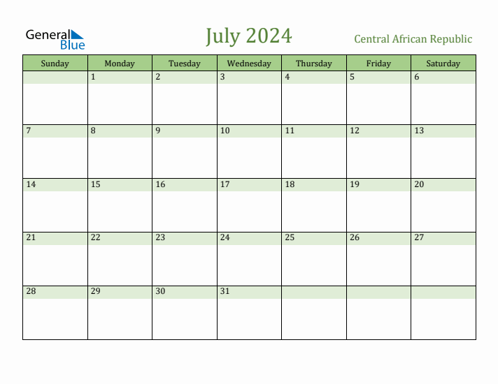 July 2024 Calendar with Central African Republic Holidays