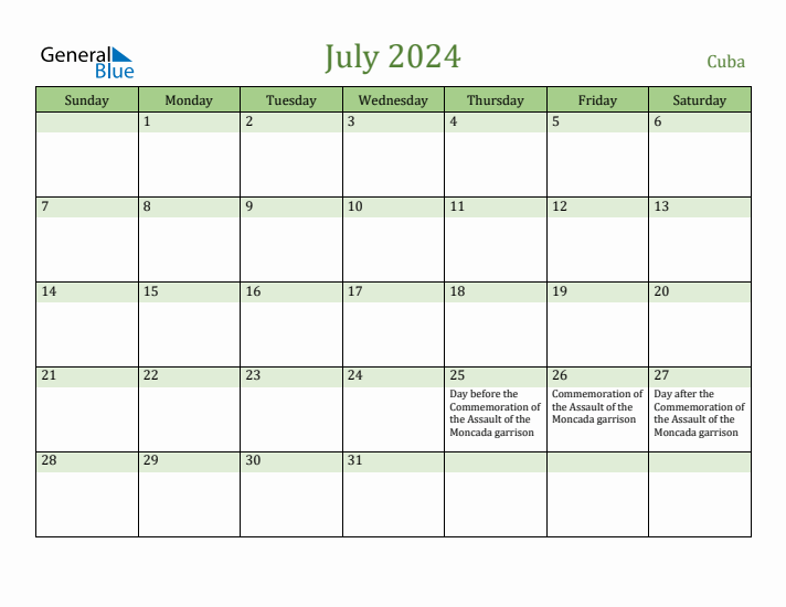 July 2024 Calendar with Cuba Holidays