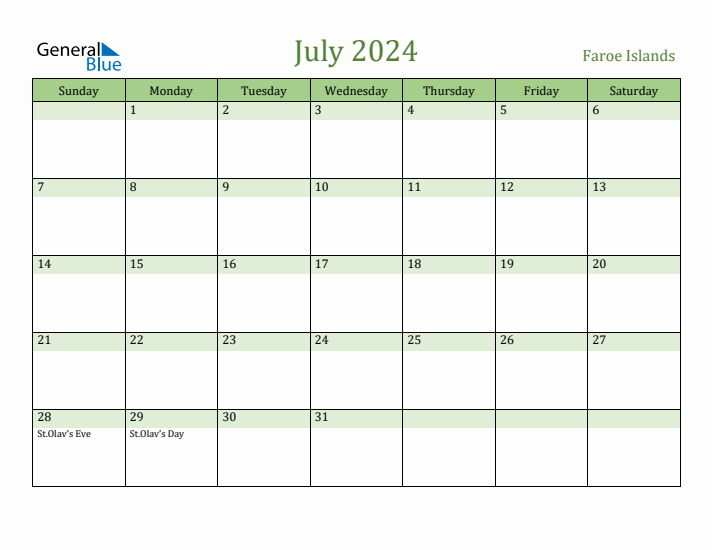 July 2024 Calendar with Faroe Islands Holidays