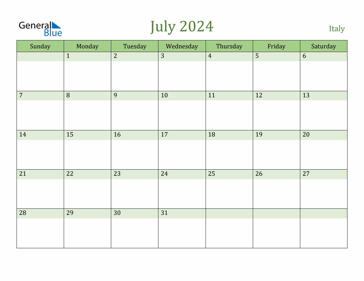 Fillable Holiday Calendar for Italy July 2024