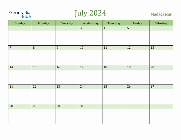 July 2024 Calendar with Madagascar Holidays