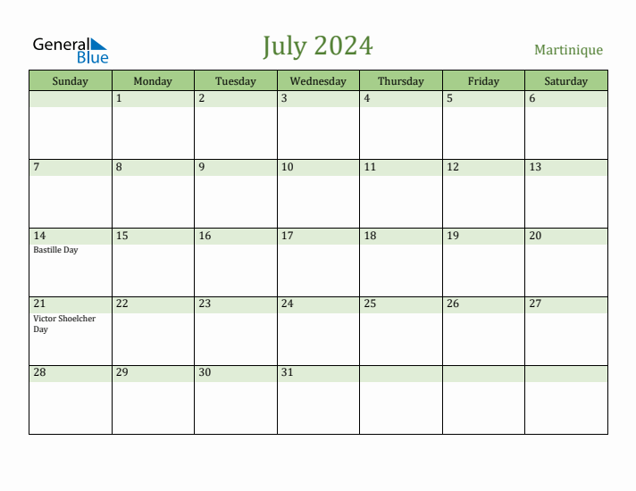 July 2024 Calendar with Martinique Holidays