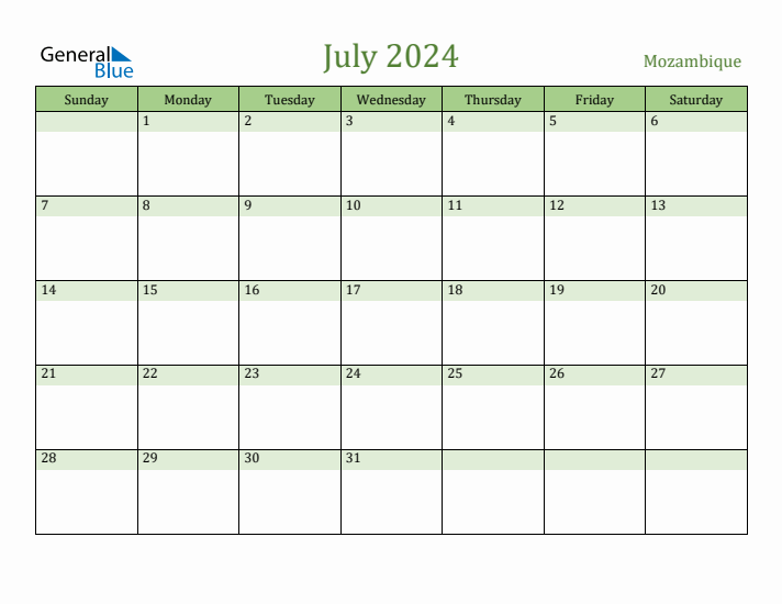 July 2024 Calendar with Mozambique Holidays