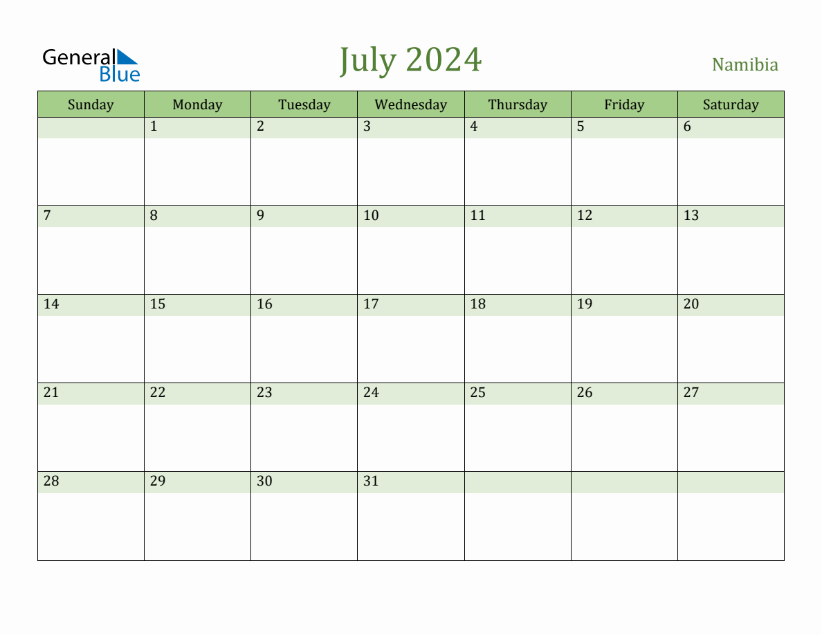 Fillable Holiday Calendar for Namibia July 2024