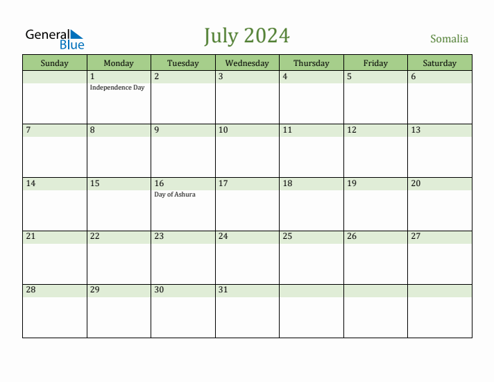 July 2024 Calendar with Somalia Holidays