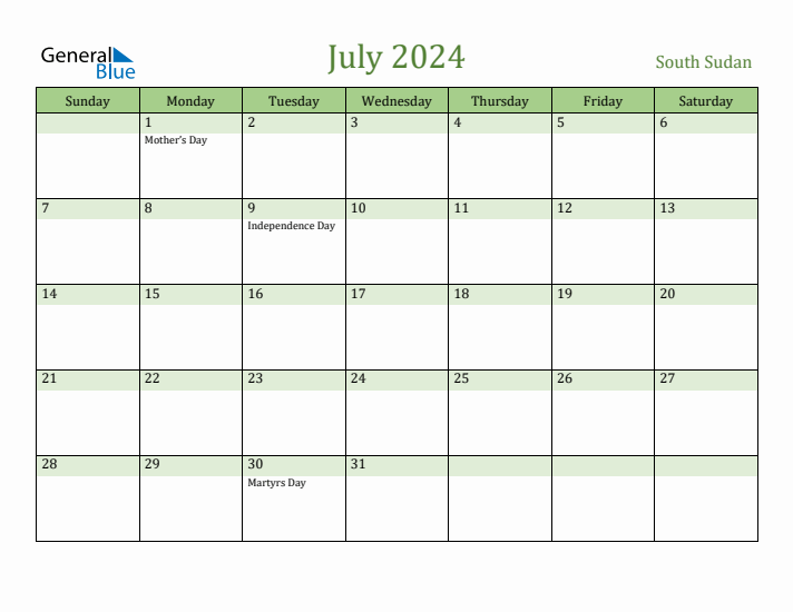 July 2024 Calendar with South Sudan Holidays