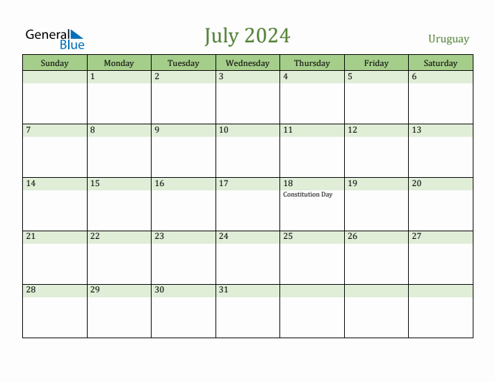 July 2024 Calendar with Uruguay Holidays