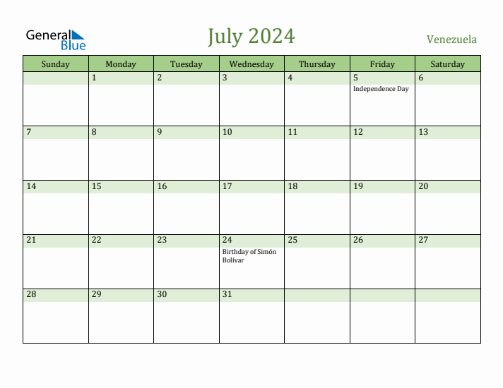 July 2024 Calendar with Venezuela Holidays