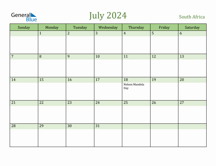 Fillable Holiday Calendar for South Africa July 2024