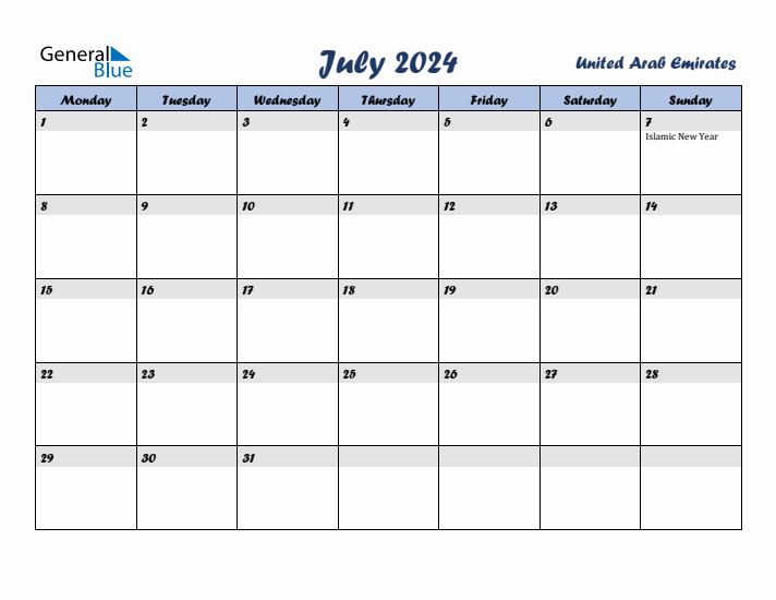 July 2024 Calendar with Holidays in United Arab Emirates
