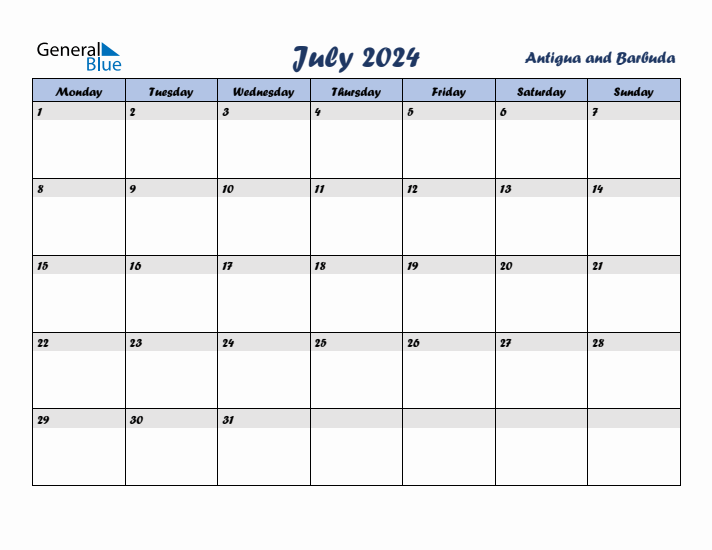 July 2024 Calendar with Holidays in Antigua and Barbuda