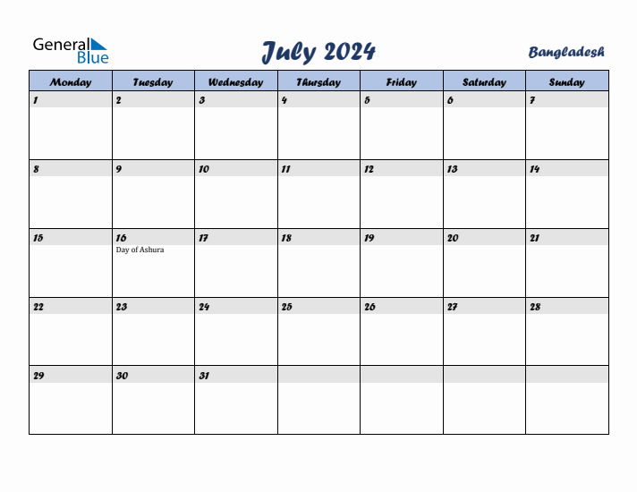 July 2024 Calendar with Holidays in Bangladesh