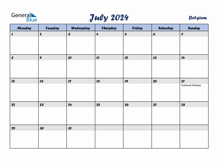 July 2024 Monthly Calendar Template with Holidays for Belgium