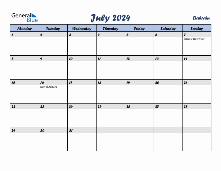 July 2024 Calendar with Holidays in Bahrain