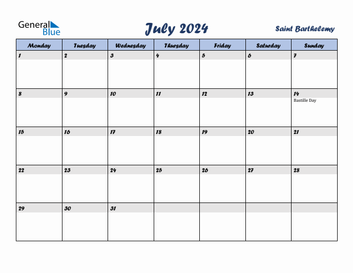 July 2024 Calendar with Holidays in Saint Barthelemy