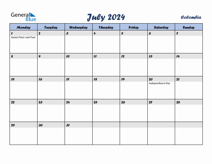 July 2024 Calendar with Holidays in Colombia