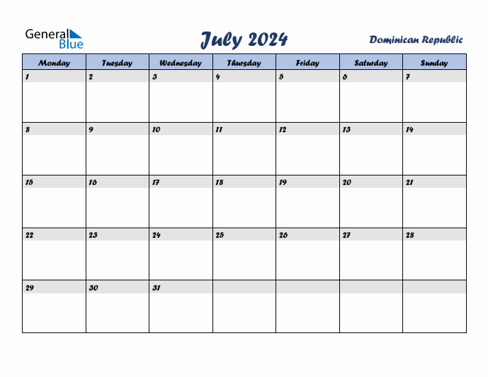 July 2024 Calendar with Holidays in Dominican Republic