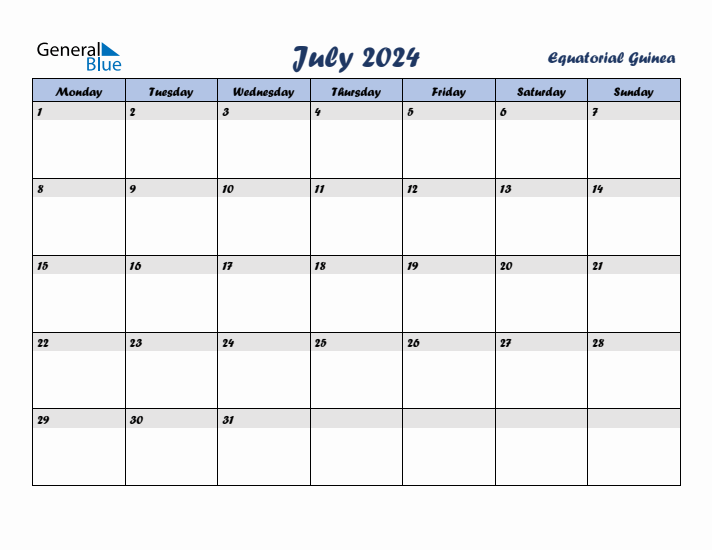 July 2024 Calendar with Holidays in Equatorial Guinea