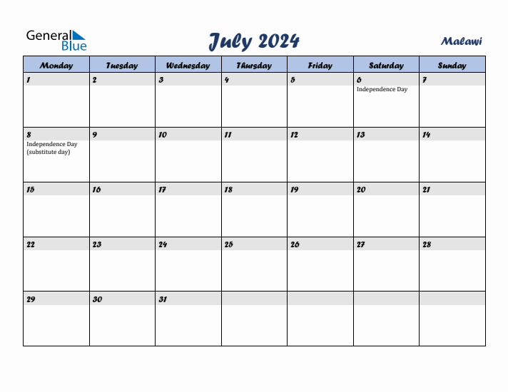 July 2024 Calendar with Holidays in Malawi