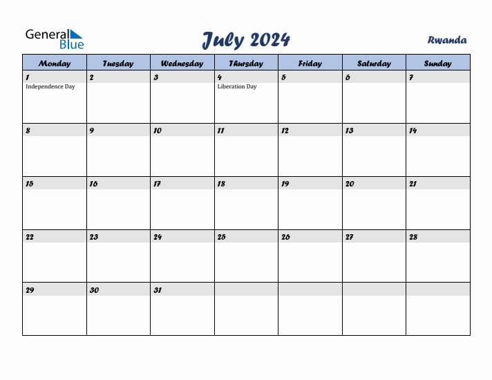 July 2024 Calendar with Holidays in Rwanda