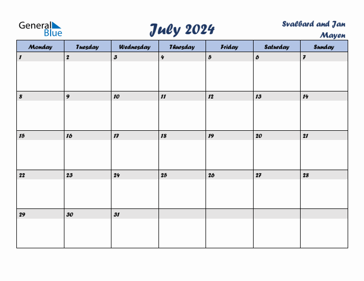 July 2024 Calendar with Holidays in Svalbard and Jan Mayen