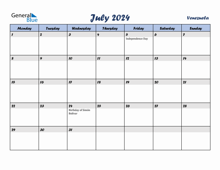 July 2024 Calendar with Holidays in Venezuela