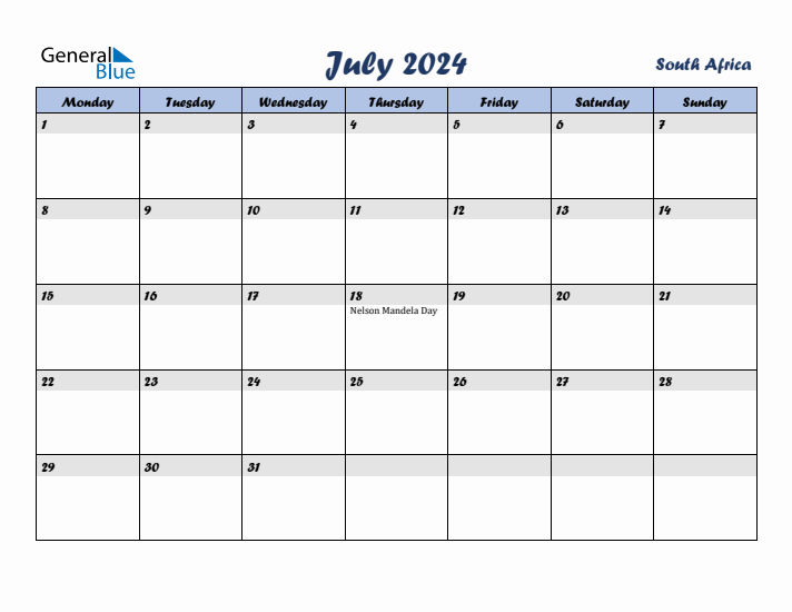 July 2024 Calendar with Holidays in South Africa