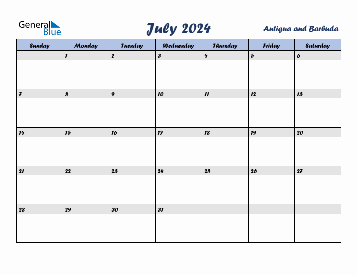 July 2024 Calendar with Holidays in Antigua and Barbuda