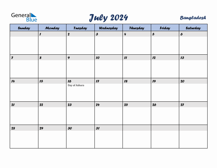 July 2024 Calendar with Holidays in Bangladesh
