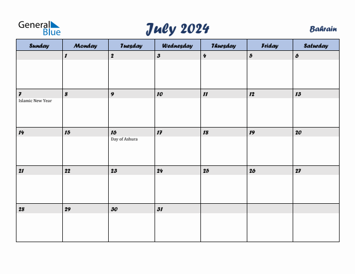 July 2024 Calendar with Holidays in Bahrain