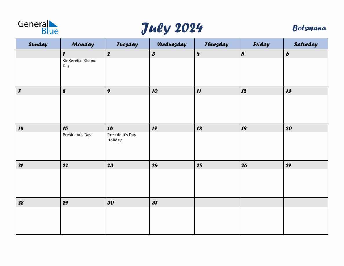 July 2024 Monthly Calendar Template with Holidays for Botswana