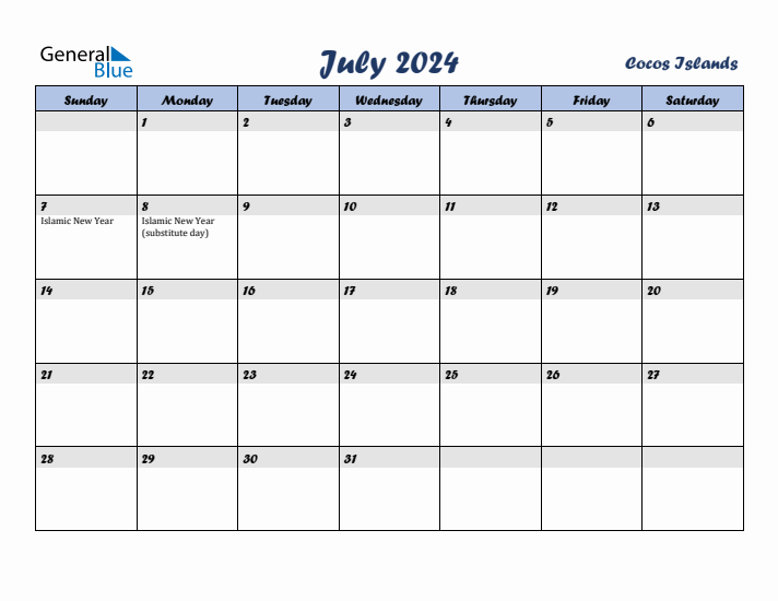 July 2024 Calendar with Holidays in Cocos Islands