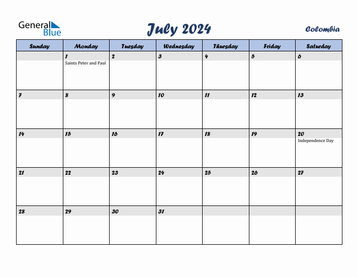 July 2024 Calendar with Holidays in Colombia