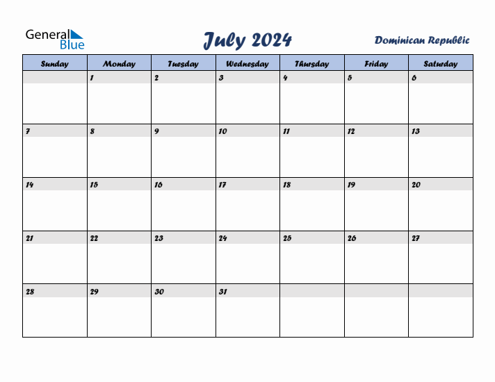 July 2024 Calendar with Holidays in Dominican Republic