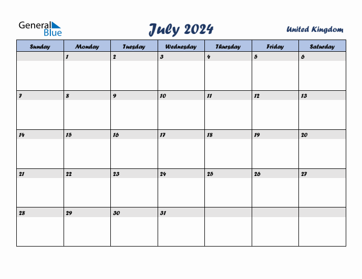 July 2024 Calendar with Holidays in United Kingdom