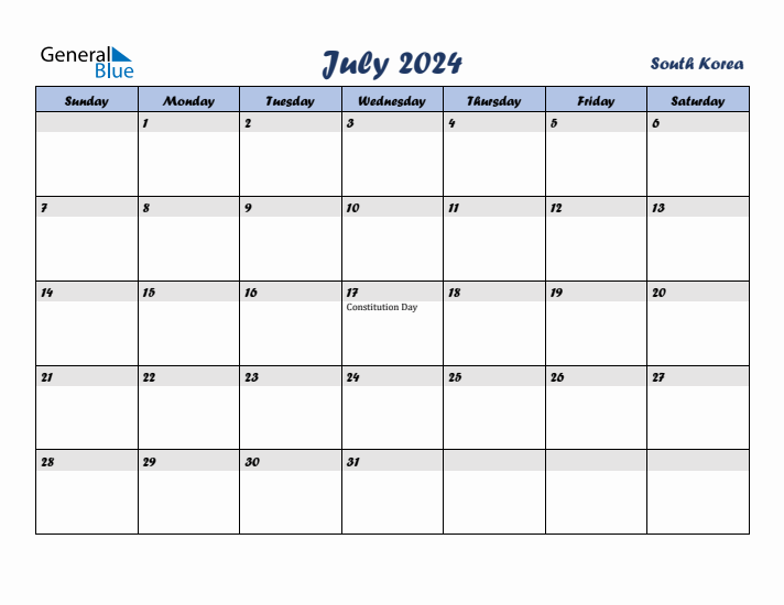 July 2024 Calendar with Holidays in South Korea