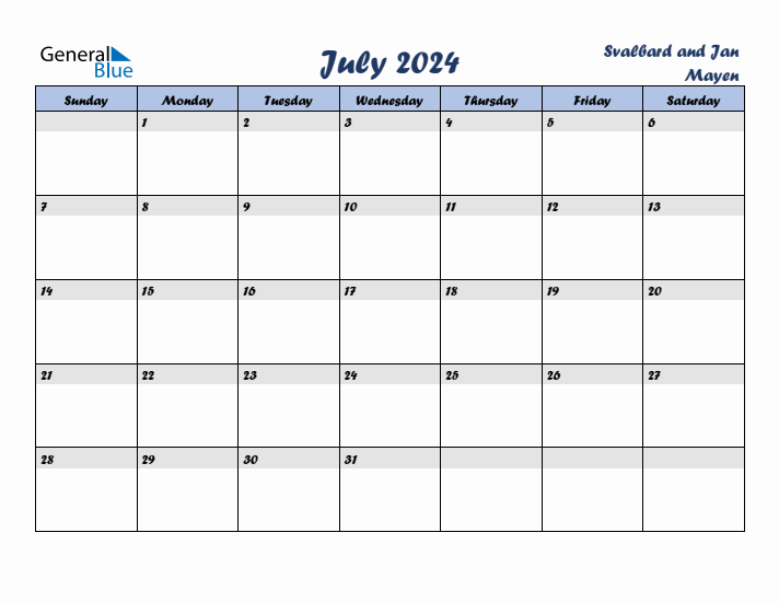 July 2024 Calendar with Holidays in Svalbard and Jan Mayen