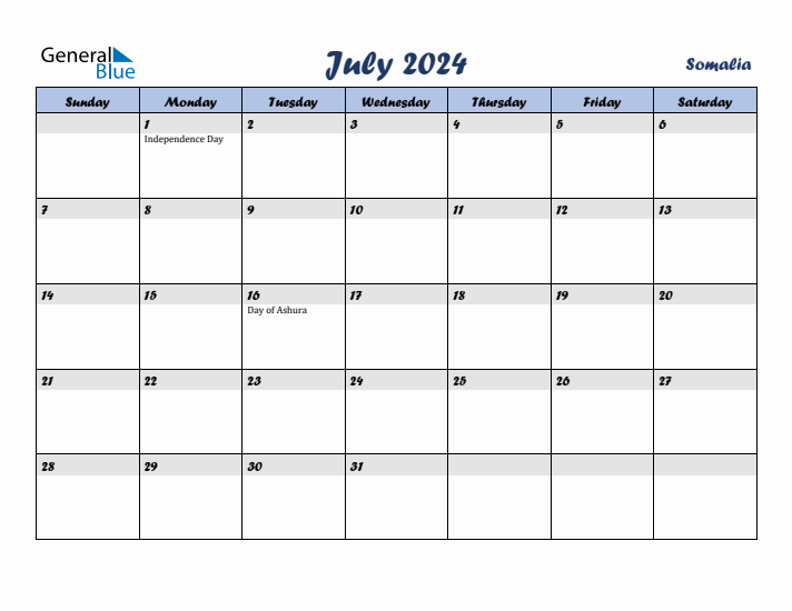 July 2024 Calendar with Holidays in Somalia