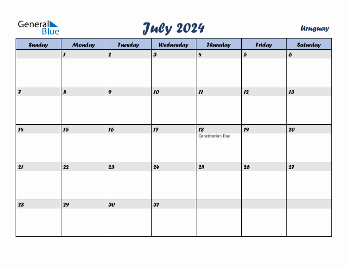 July 2024 Calendar with Holidays in Uruguay