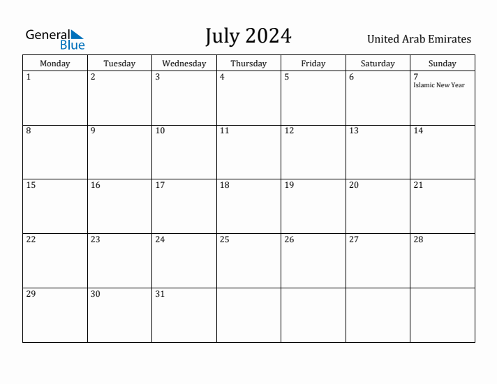 July 2024 Calendar United Arab Emirates