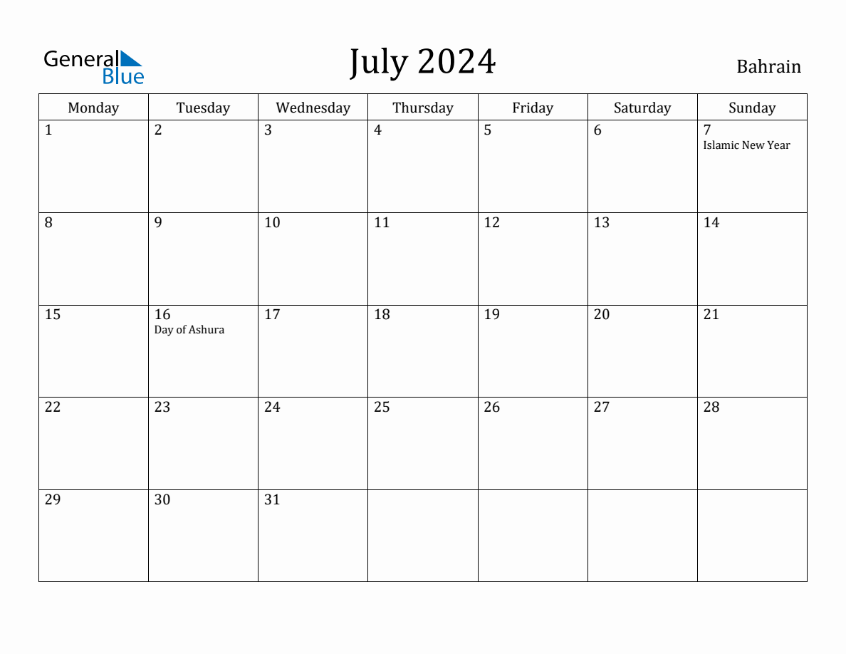 July 2024 Bahrain Monthly Calendar with Holidays